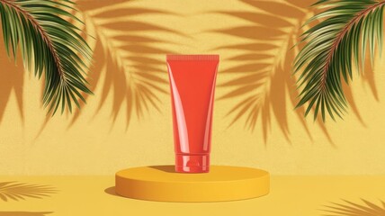 A round podium holding a red tube of sunscreen, symbolizing protection against ultraviolet rays and the sun's harmful effects on the skin.