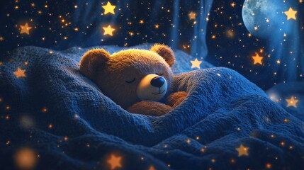 Teddy Bear Sleeping Under a Starry Night Sky.