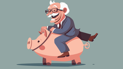 Wise Grandfather Riding Piggy Bank to Bank Manager, Protecting Savings and Seeking Profit, Dividends from Pension Fund