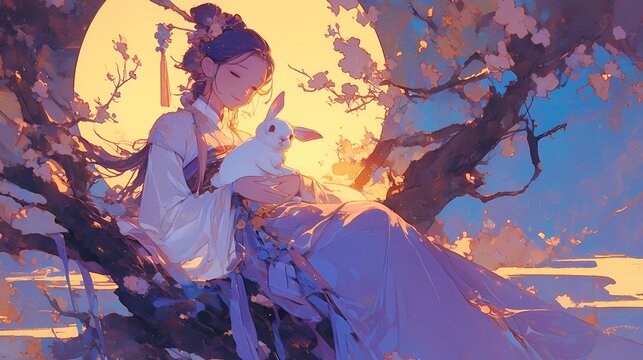 Chinese Mid-Autumn Festival illustration, under the moonlight, Chang'e holding the moon rabbit sitting on the osmanthus tree