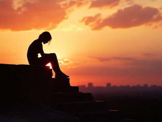 Fototapeta premium A silhouette of person sitting on steps against vibrant sunset, evoking sense of contemplation and tranquility. warm colors of sky create serene atmosphere