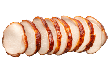 Closeup of sliced roasted turkey breast isolated on a white transparent background. Concept of Halloween dishes and meal.