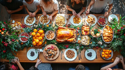 happy family or friends sitting at the table and celebrating Thanksgiving