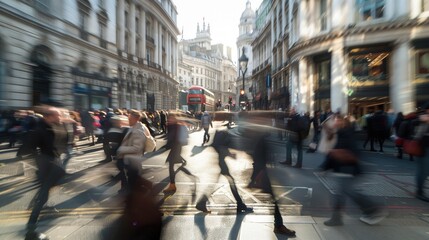 Fototapeta premium Busy urban street with blurred pedestrians and iconic London double-decker bus