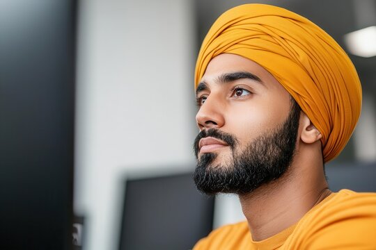 A man wearing a turban working in a modern tech office, representing inclusivity - Powered by Adobe