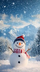 Fototapeta premium Smiling Snowman in a Snowy Mountain Landscape