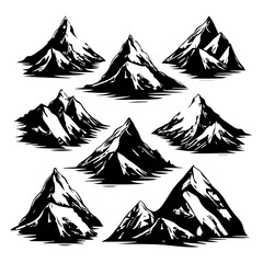 Set of hand drawn mountain peaks in black and white. Vintage style vector illustration of mountains.
