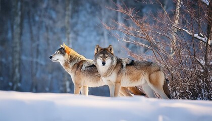 Regal wolf pair exploring a snowy landscape