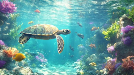 Obraz premium an image for a 3d floor. turtles underwater world water sea 