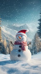 Obraz premium Snowman in a Winter Wonderland with Snowy Mountains