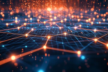 Obraz premium A futuristic orange-and-blue digital grid with glowing lines and nodes.