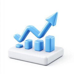 A blue graphical representation depicting an upward trend in statistics, featuring bars of varying heights on a white base