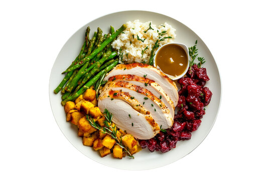 Plate of Thanksgiving dinner featuring turkey slices, roasted potatoes, cranberry sauce, mashed potatoes, and asparagus isolated on white transparent background. Concept of festive meal