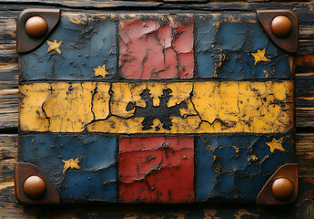 An ancient, weathered wooden plaque featuring a vintage flag design, prominently displaying rich colors of deep red, vibrant blue, and faded yellow.