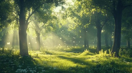 Obraz premium Sunbeams through Forest Trees.