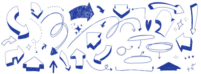 Set of handdrawn scribble arrows. Squiggly line strokes. Doodle elements. Infographic decoraring set. Collection of vector guides. Blue Pen lines at the white background