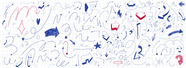 Fototapeta premium Set of handdrawn scribble arrows. Squiggly line strokes. Doodle elements. Infographic decoraring set. Collection of vector guides. Pen lines at the grid notebook background
