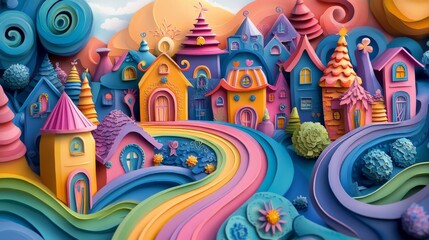 Enchanting Paper Cutting Art of Whimsical Village with Magical Creatures in Ultra Bright Colors