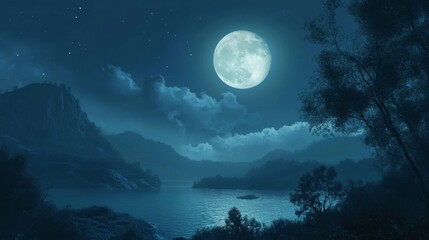 Tranquil Night Landscape with Full Moon and Stars.