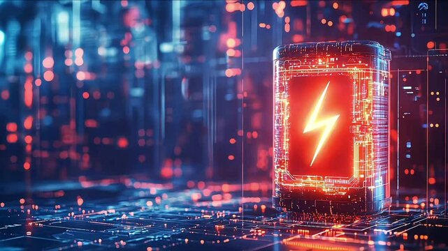 Glowing red power neon futuristic energy storage, high capacity rechargeable lithium ion battery