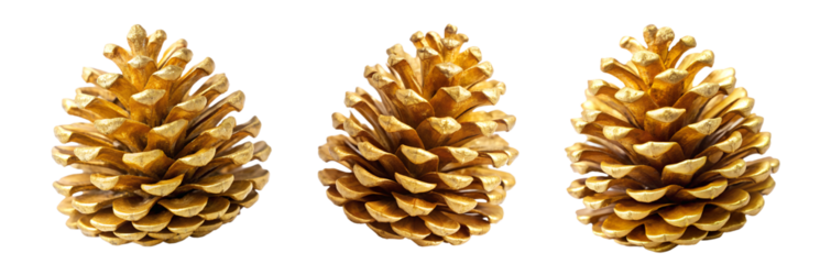cedar pine cones painted in gold, set. Isolated on white transparent background png element. Good for fall decorations or New Year and Christmas events