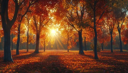 Fototapeta premium Happy Thanksgiving Web Banner with Autumn Leaves and Sunlight Rays