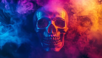 Neon Skull Surrounded by Colorful Smoke in Dark Atmosphere