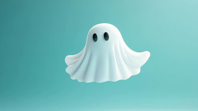 Cartoon ghost floating against teal background, Halloween concept. Playful 3D rendered spooky character with friendly expression, showcasing whimsical and lighthearted approach to holiday decoration