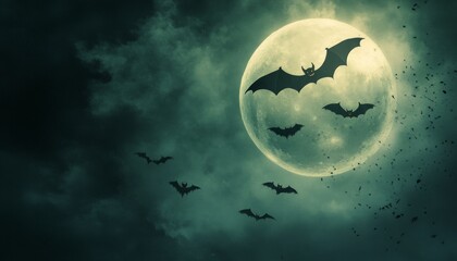 Illustration of a Spooky Moonlit Sky with Dark Clouds and Flying Bats