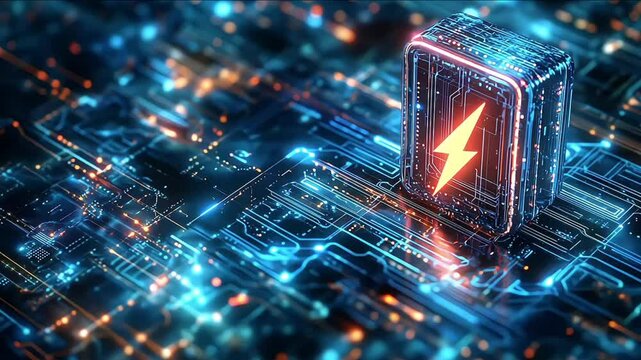Glowing red power neon futuristic energy storage, high capacity rechargeable lithium ion battery