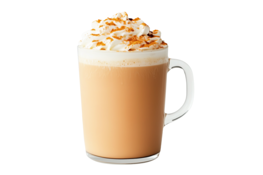 A pumpkin spice latte topped with whipped cream and cinnamon sticks isolated on white transparent background. Halloween beverage concept