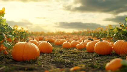 Minimalist Pumpkin Patch Landscape with Bright Blue Sky and Scattered Pumpkins