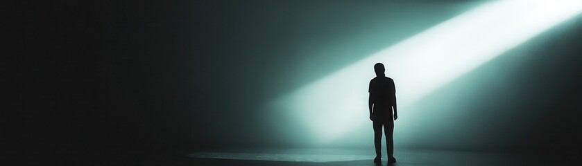 Obraz premium A solitary figure stands in beam of light, surrounded by darkness, creating dramatic and contemplative atmosphere. contrast evokes feelings of introspection and solitude