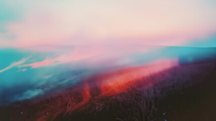 Obraz premium A dreamy abstract landscape captured with expired film, showcasing soft hues of pink and blue blending seamlessly across horizon. ethereal quality evokes sense of tranquility and wonder