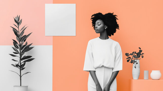 Fondo minimalista con toques modernos. Mujer en blanco, plantas y jarrones sobre fondo rosa, ideal para tiendas online que buscan destacar productos con un dise&ntilde;o visual limpio y elegante