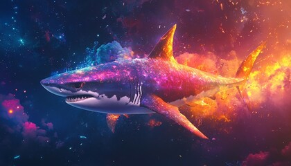 Shark with Cosmic Fins Swimming in Vivid Starry Ocean