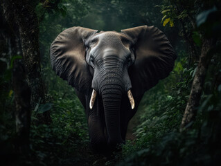 Majestic elephant walking through dense jungle foliage, showcasing its grandeur and strength in heart of animal kingdom. lush greenery enhances serene yet powerful atmosphere