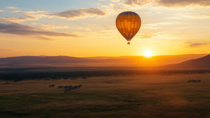 Obraz premium A breathtaking hot air balloon floats gracefully over vast savanna at sunset, casting warm glow on landscape. scene captures essence of adventure and tranquility