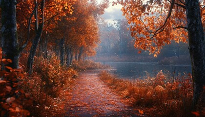 Fototapeta premium Autumn Pathway with Vibrant Foliage Fallen Leaves in Forest