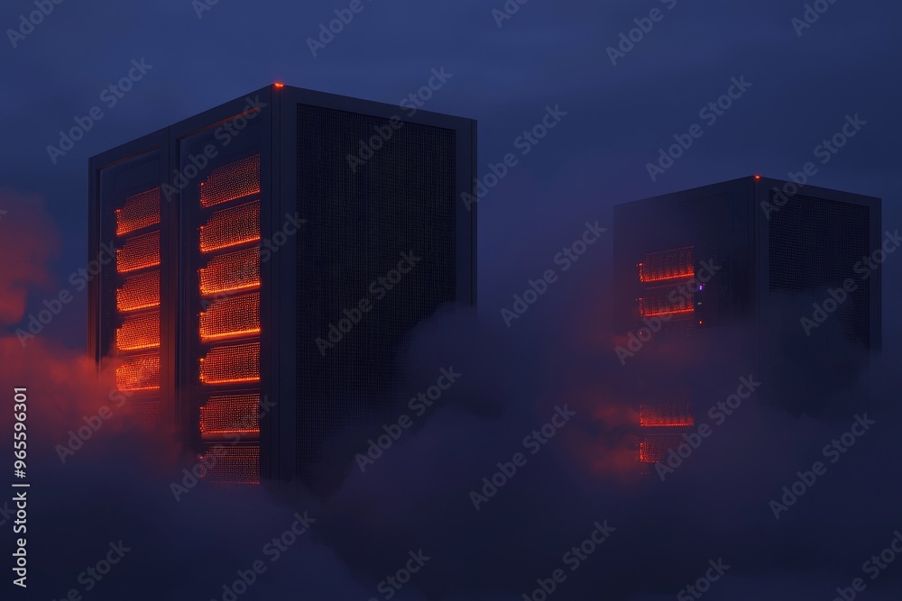 Poster data center with servers and information digitalization. saas, cloud computing, web services.