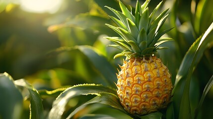 Fototapeta premium Close-up of a pineapple growing on a tree, bright yellow and green with spiky texture, sunlight illuminating the intricate patterns on the skin, detailed leaves and surrounding environment, lively