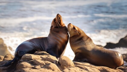 Fototapeta premium Tender sea lion couple basking on a rocky shore