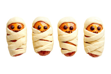 Halloween-themed mummy hot dogs wrapped in dough with eyes and mouths isolated on white transparent background. Concept of fun and festive Halloween food