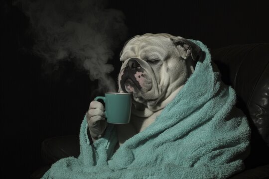 Generative stock-generated grumpy dog holding cup of coffee in his paw