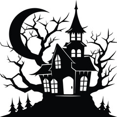 A simple, black silhouette of a haunted house with jagged edges