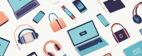 A colorful flat lay of modern gadgets, including laptops, headphones, and smartphones, showcasing technology and creativity.