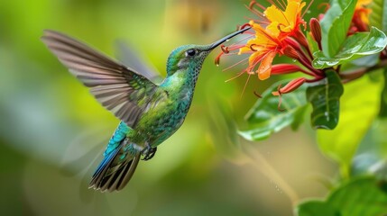 Fototapeta premium A Brightly Colored Hummingbird Delicately Harvesting Nectar from a Tropical Flower in a Lush Green Environment