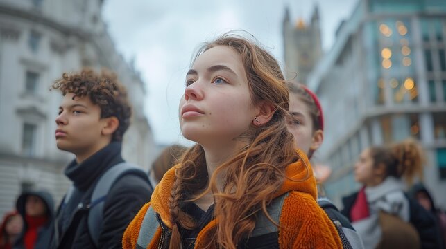 Students Demonstrate Passion for Climate Action Outside Government Building Amidst Cloudy Skies