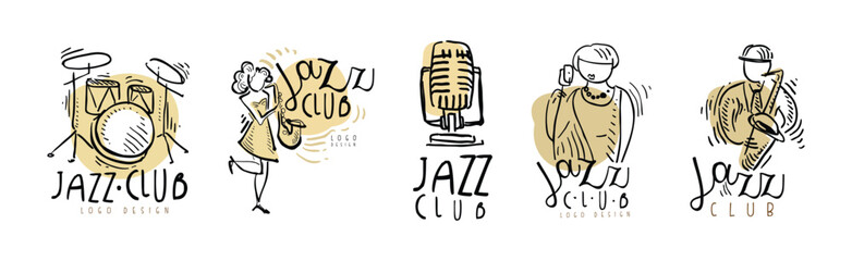 Jazz Club Logo Design with Hand Drawn Element Vector Set
