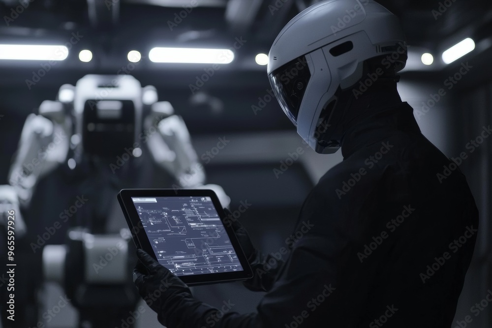 Poster a robotic process automation engineer uses a laptop to run smart factory automation software